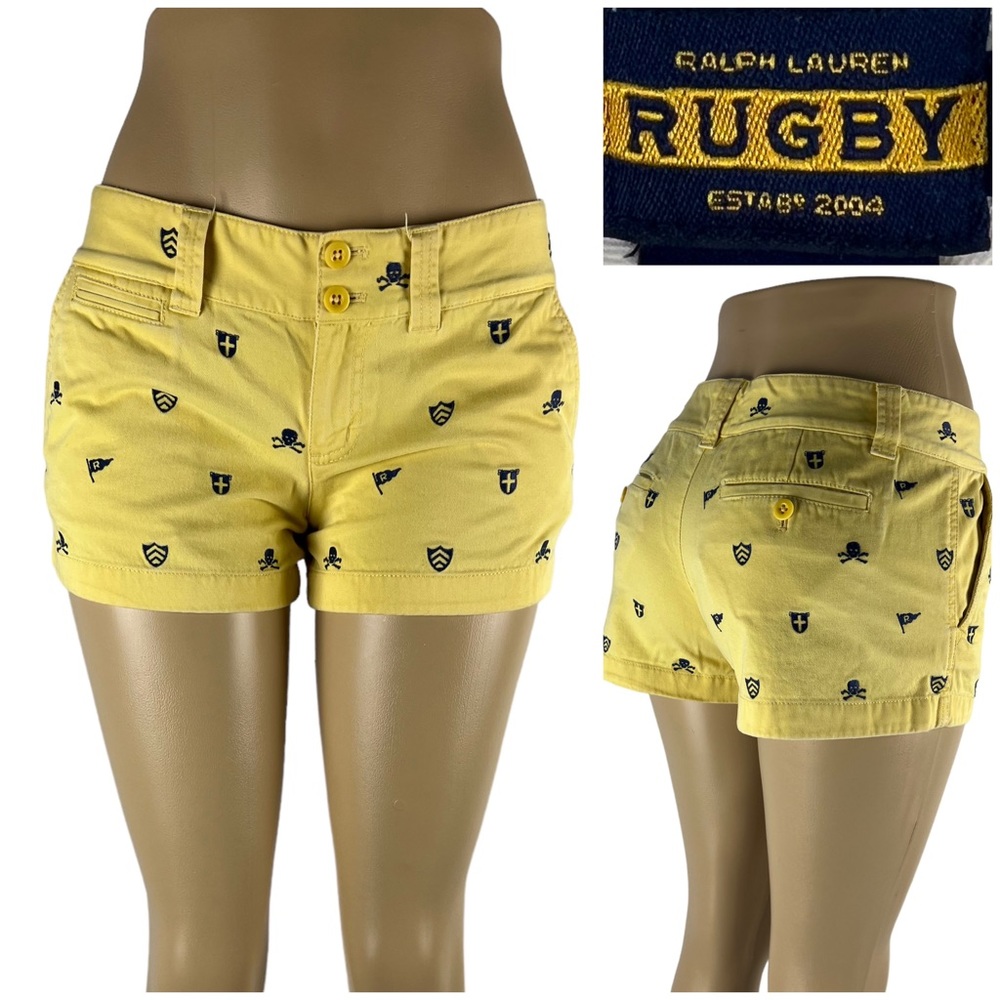 Ralph Lauren Rugby Womens 2 Shorts Yellow Embroidered All Over Skull Flag Cotton